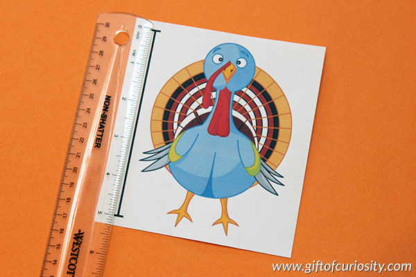 FREE printable Thanksgiving Measurement Activity: Kids will use a ruler to measure the height of Thanksgiving-related objects in either inches or centimeters, then rank the objects by height from tallest to shortest. Lots of great learning in this low-prep Thanksgiving printable activity! #Thanksgiving #STEM #STEAM #freeprintable #GiftOfCuriosity #handsonlearning || Gift of Curiosity