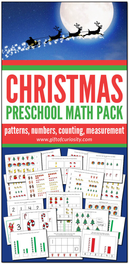 This Christmas Preschool Math Pack features more than 75 pages of developmentally appropriate Christmas math activities for children ages 2-4 aligned to preschool learning standards. Grab a copy of these easy print-and-play activities that support the development of a range of early math skills including patterns, numbers, counting, and measurement. #Christmas #math #STEM #printables #giftofcuriosity #preschool #prek #preschoolmath #ece #earlychildhood || Gift of Curiosity