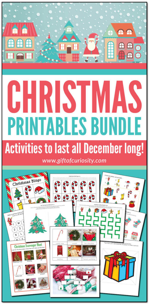 The Christmas Printables Bundle features more than 425 pages of printable Christmas-themed activities. Ideal for kids ages 2-8. Perfect for Christmas learning all December long! | #Christmas #printables #homeschool #toddlers #preschool #kindergarten #giftofcuriosity || Gift of Curiosity