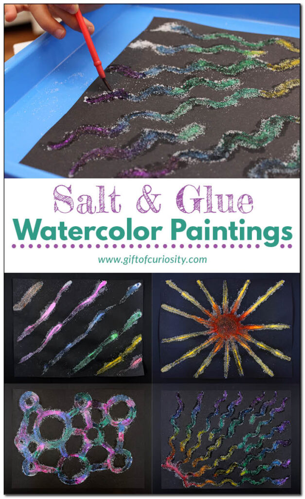 Salt & Glue Watercolor Paintings: This process art STEAM activity takes advantage of the water-absorbing power of table salt to make salt and glue “rivers” that allow watercolors to flow. #processart #artsandcrafts #STEAM #giftofcuriosity #preschool #kindergarten #tweens #handsonlearning #kbn#kbnmoms #kbnbloggers || Gift of Curiosity