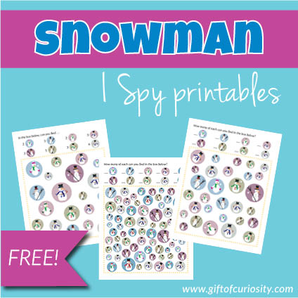 Free printable Snowman I Spy games for children with three levels of difficulty so you can tailor the activity to your child's developmental level. #freeprintables #winter #snow #snowmen #ISpy || Gift of Curiosity