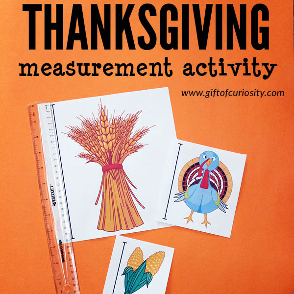 Printable Thanksgiving Measurement Activity: Kids will use a ruler to measure the height of Thanksgiving-related objects in either inches or centimeters, then rank the objects by height from tallest to shortest. Lots of great learning in this low-prep Thanksgiving printable activity! #Thanksgiving #STEM #STEAM #GiftOfCuriosity #handsonlearning || Gift of Curiosity
