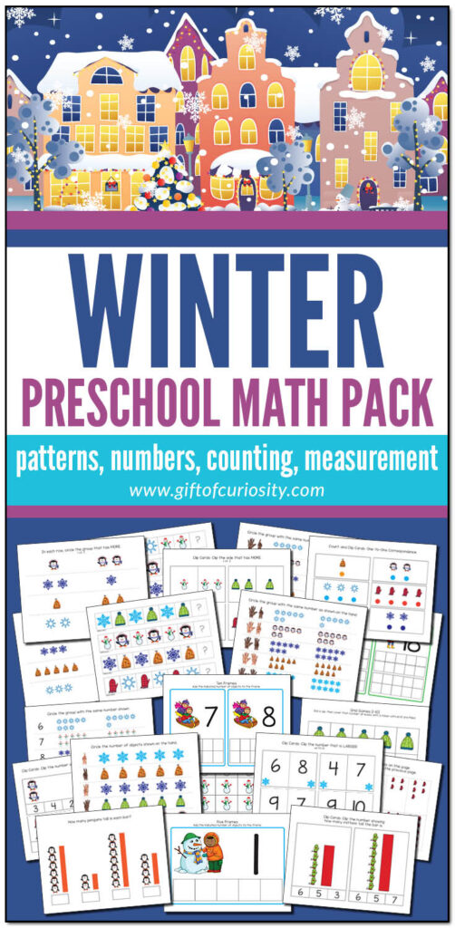 This Winter Preschool Math Pack features more than 75 pages of winter-themed math activities for children ages 2-4. These developmentally appropriate activities are aligned to preschool learning standards. Grab a copy of these easy print-and-play activities that support the development of a range of early math skills including patterns, numbers, counting, and measurement. #winter #math #STEM #printables #giftofcuriosity #preschool #prek #preschoolmath || Gift of Curiosity