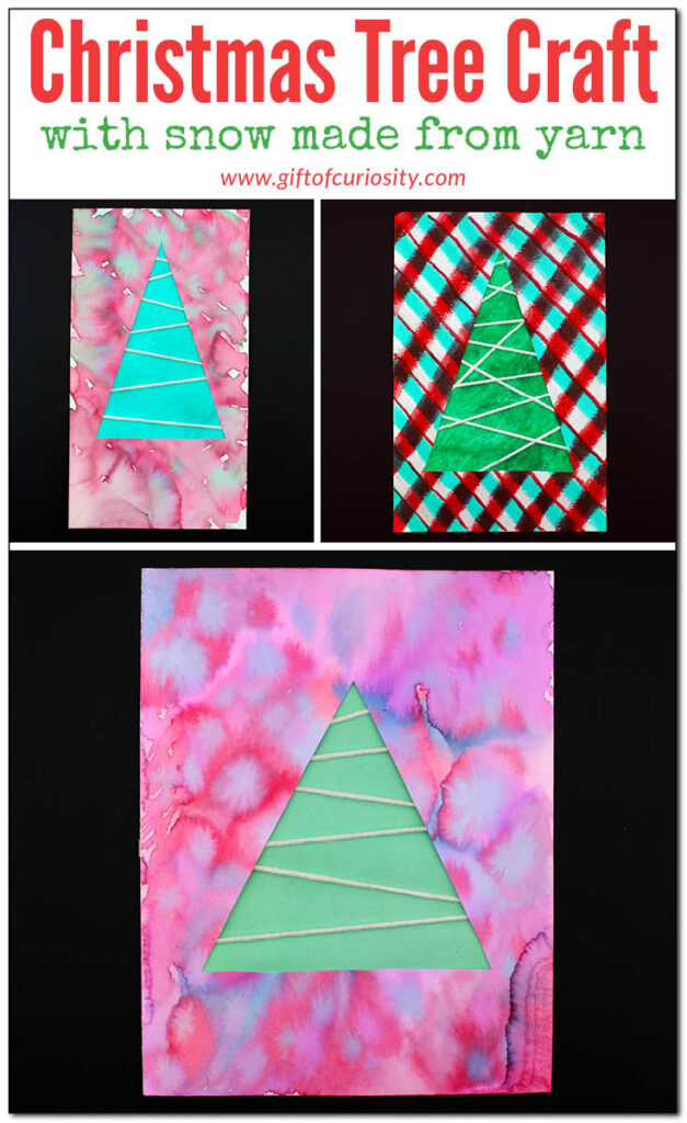 Kids of all ages will enjoy making these adorable Christmas trees with yarn "snow." This craft is really flexible in terms of the materials you use to make the tree and the colored overlay. The only "must have" item for this craft is white yarn. Use this craft to experiment with different colors, drawing mediums, and art techniques. #artsandcrafts #Christmas #giftofcuriosity || Gift of Curiosity