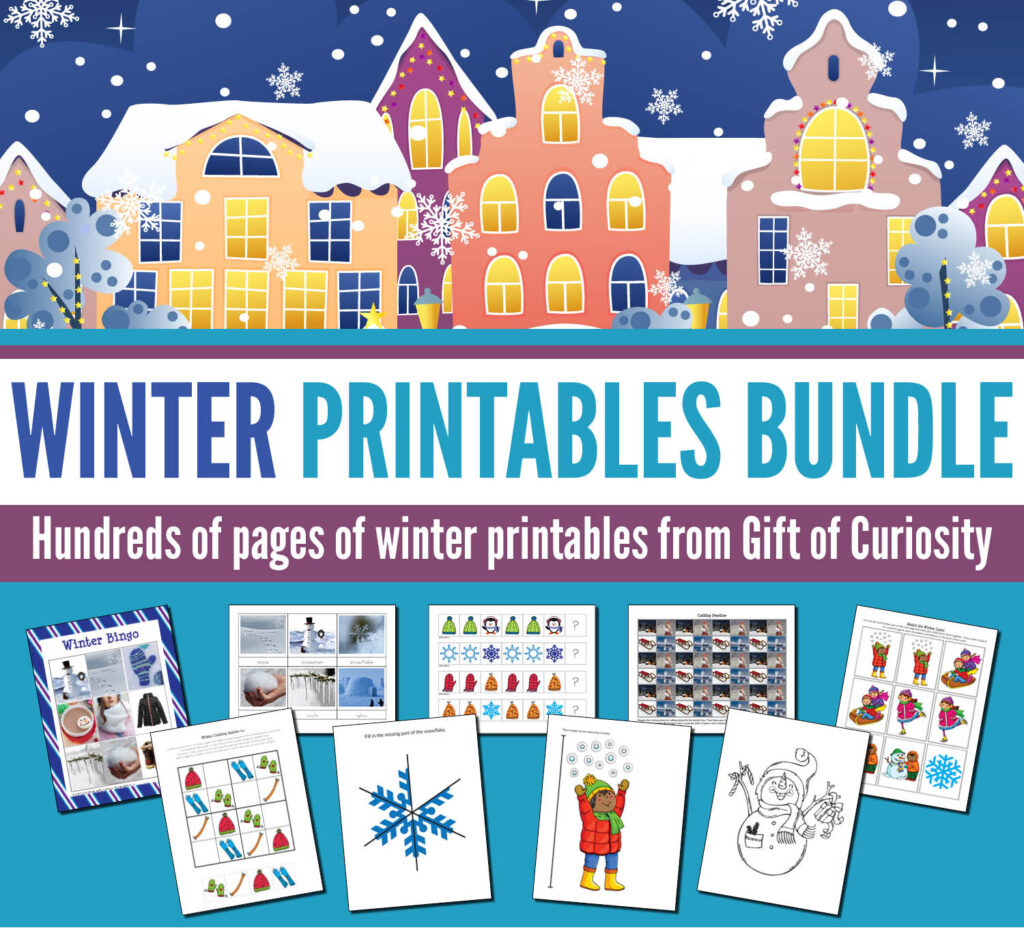 The Winter Printables Bundle features more than 400 pages of printable winter activities. Ideal for kids ages 2-10. Perfect for learning all winter long! #winter #printables #homeschool #toddlers #preschool #kindergarten #firstgrade #secondgrade #giftofcuriosity || Gift of Curiosity