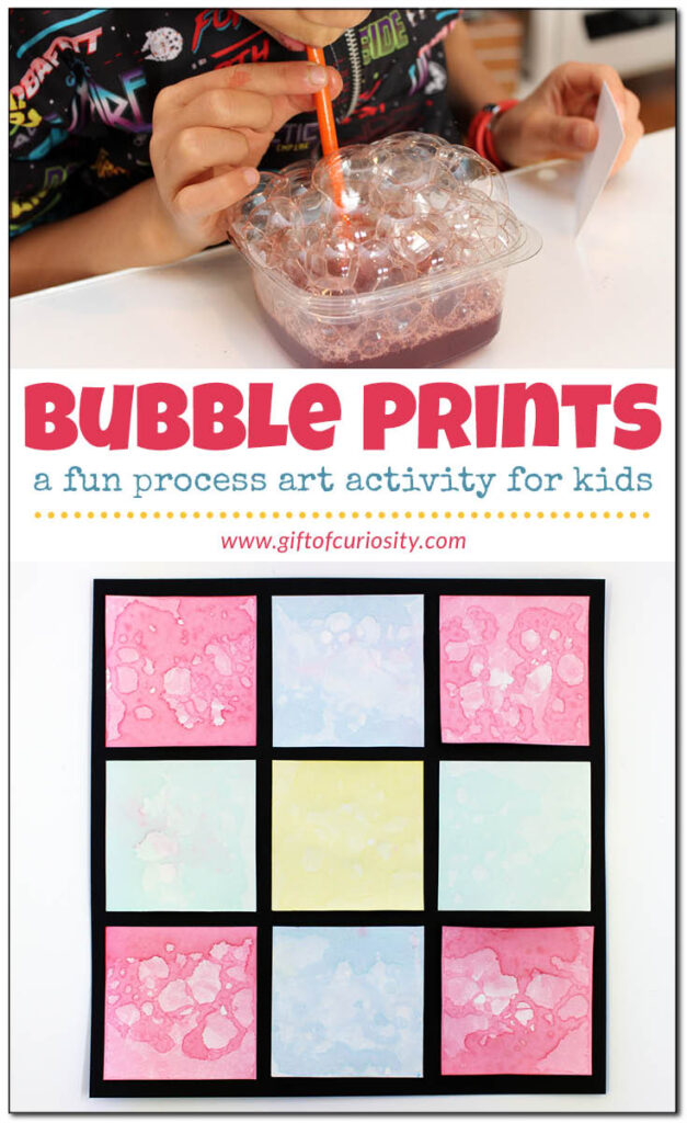 Making bubble prints is a very fun process art activity for kids that allows them to explore a new art material (bubbles!) and get their creativity on. #giftofcuriosity #bubbles #artsandcrafts #processart || Gift of Curiosity