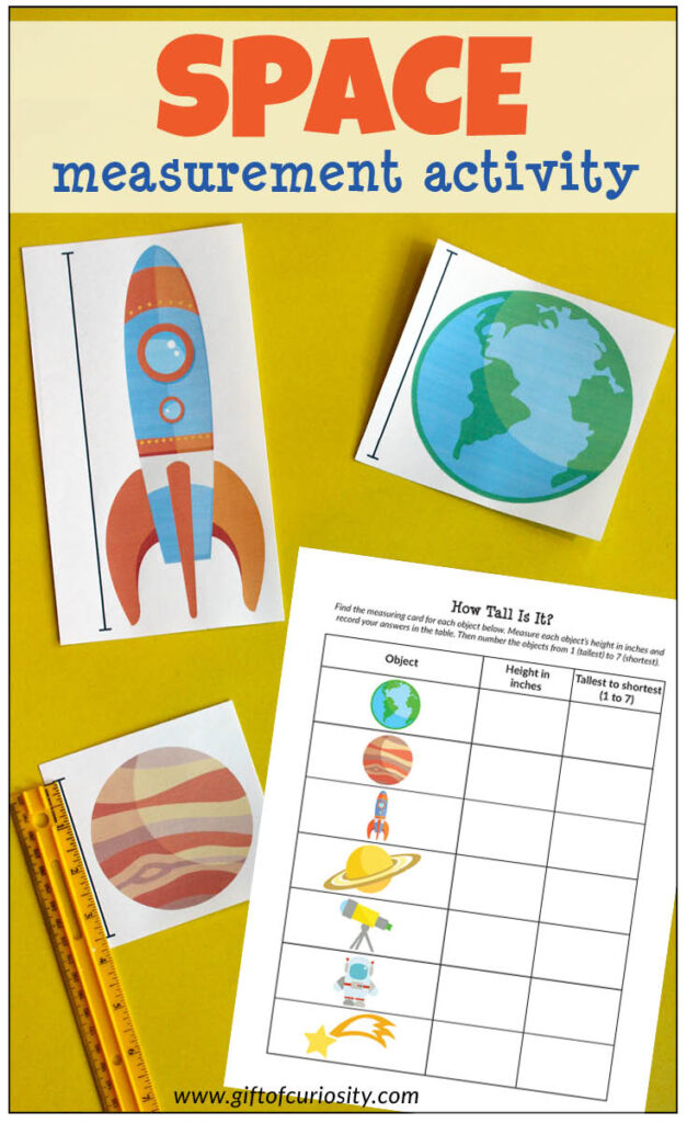 Space Measurement Activity: Kids will use a ruler to measure the height of space-related objects in either inches or centimeters, then rank the objects by height from tallest to shortest. Lots of great learning in this low-prep printable activity! #space #STEM #STEAM #printables #GiftOfCuriosity #handsonlearning #measurement #measuring || Gift of Curiosity