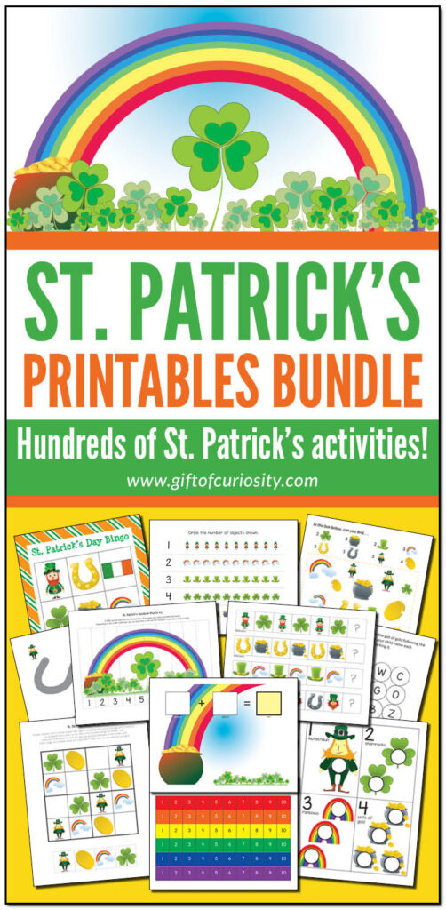 The St. Patrick's Day Printables Bundle features hundreds of pages of printable St. Patrick's Day-themed activities. Ideal for kids ages 2-8. Perfect for St. Patrick's Day learning in March! | #StPatrick #StPatricksDay #printables #homeschool #toddlers #preschool #kindergarten #firstgrade #secondgrade #giftofcuriosity #ece #earlychildhood || Gift of Curiosity