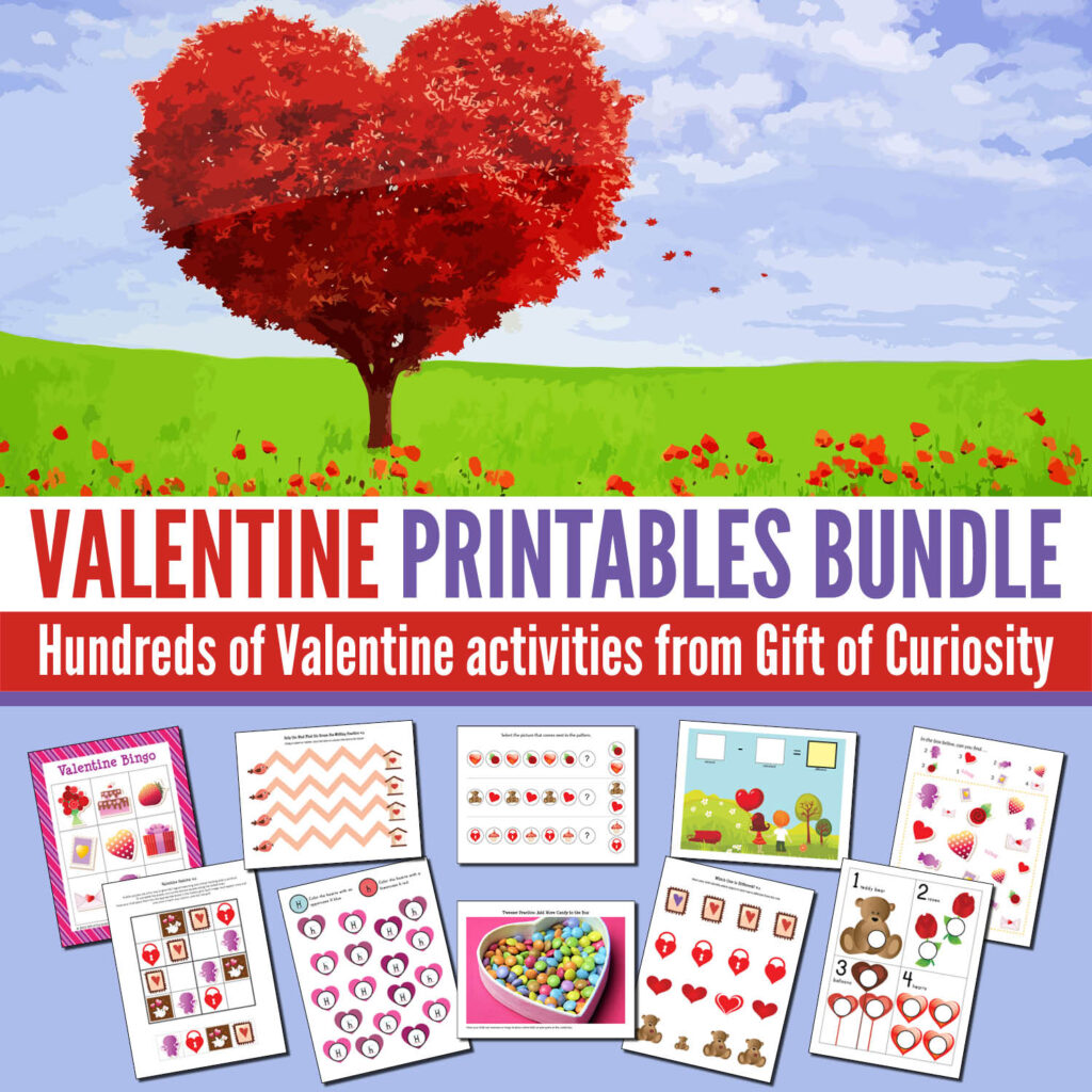 The Valentine Printables Bundle features hundreds of pages of printable Valentine-themed activities. Ideal for kids ages 2-8. Perfect for Valentine learning in February! | #Valentine #ValentinesDay #printables #homeschool #toddlers #preschool #kindergarten #firstgrade #secondgrade #giftofcuriosity #ece #earlychildhood || Gift of Curiosity