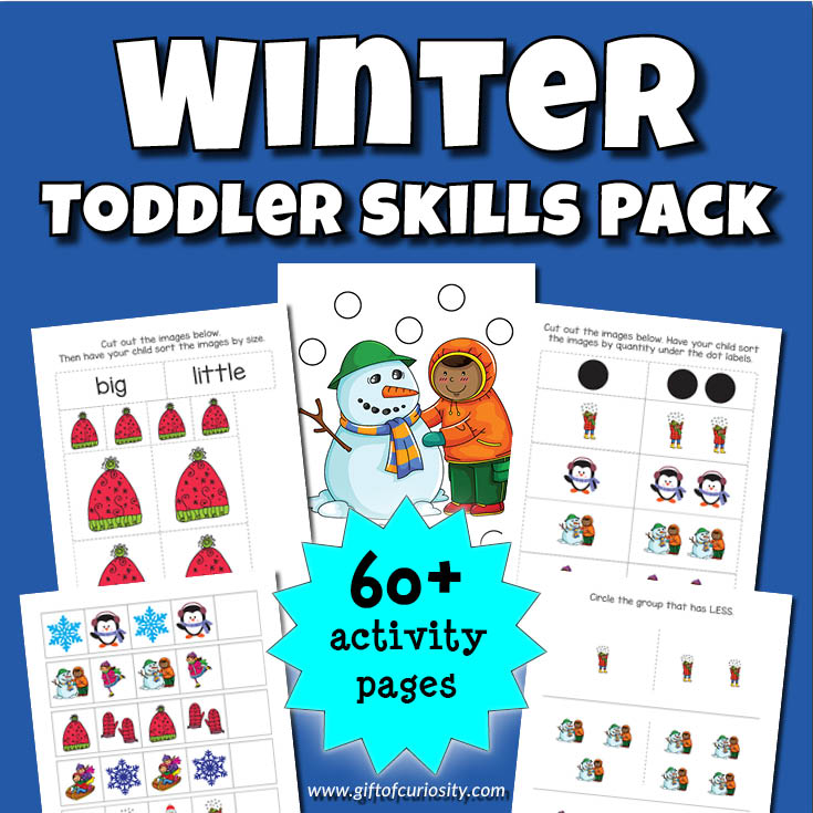 This Winter Toddler Skills Pack features more than 60 pages of winter-themed activities for children ages 1-3, including do-a-dot activities, coloring pages, puzzles, colors, shapes, fine motor activities, and early math activities. #printables #giftofcuriosity #toddlers #winter || Gift of Curiosity