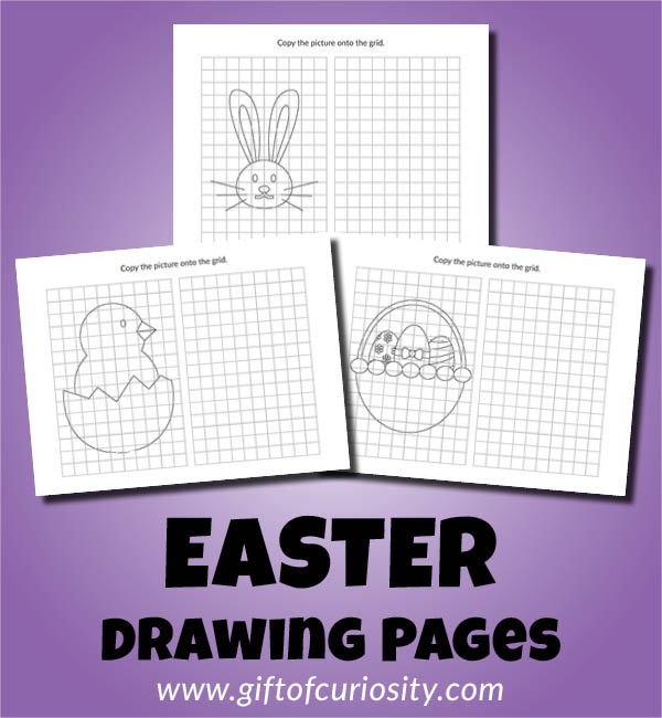 These Easter Drawing Pages blend art (drawing) and math (finding coordinates on a grid) for a great Easter STEAM activity. Each page includes an Easter image imposed on a grid on the left side, and a blank grid for your child to draw a copy of the image on the right side. | #Easter #STEAM #printables #giftofcuriosity || Gift of Curiosity