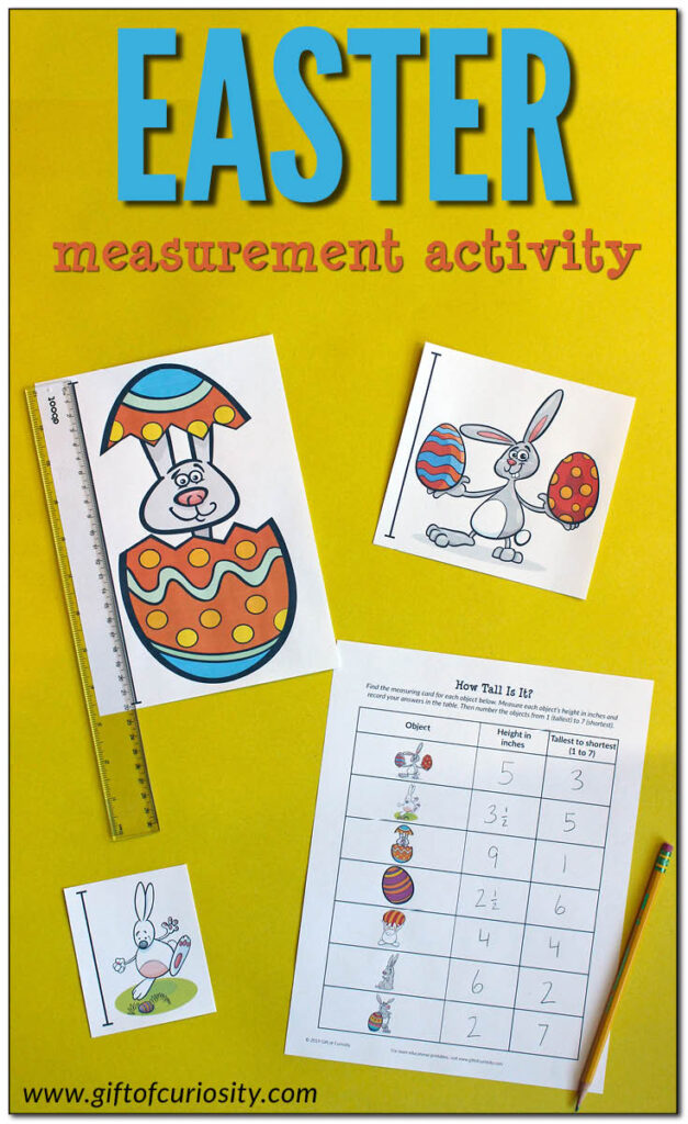 Easter Measurement Activity: Kids will use a ruler to measure the height of Easter-related objects in either inches or centimeters, then rank the objects by height from tallest to shortest. Lots of great learning in this low-prep printable activity! #Easter #STEM #STEAM #printables #GiftOfCuriosity #handsonlearning #measurement #measuring || Gift of Curiosity