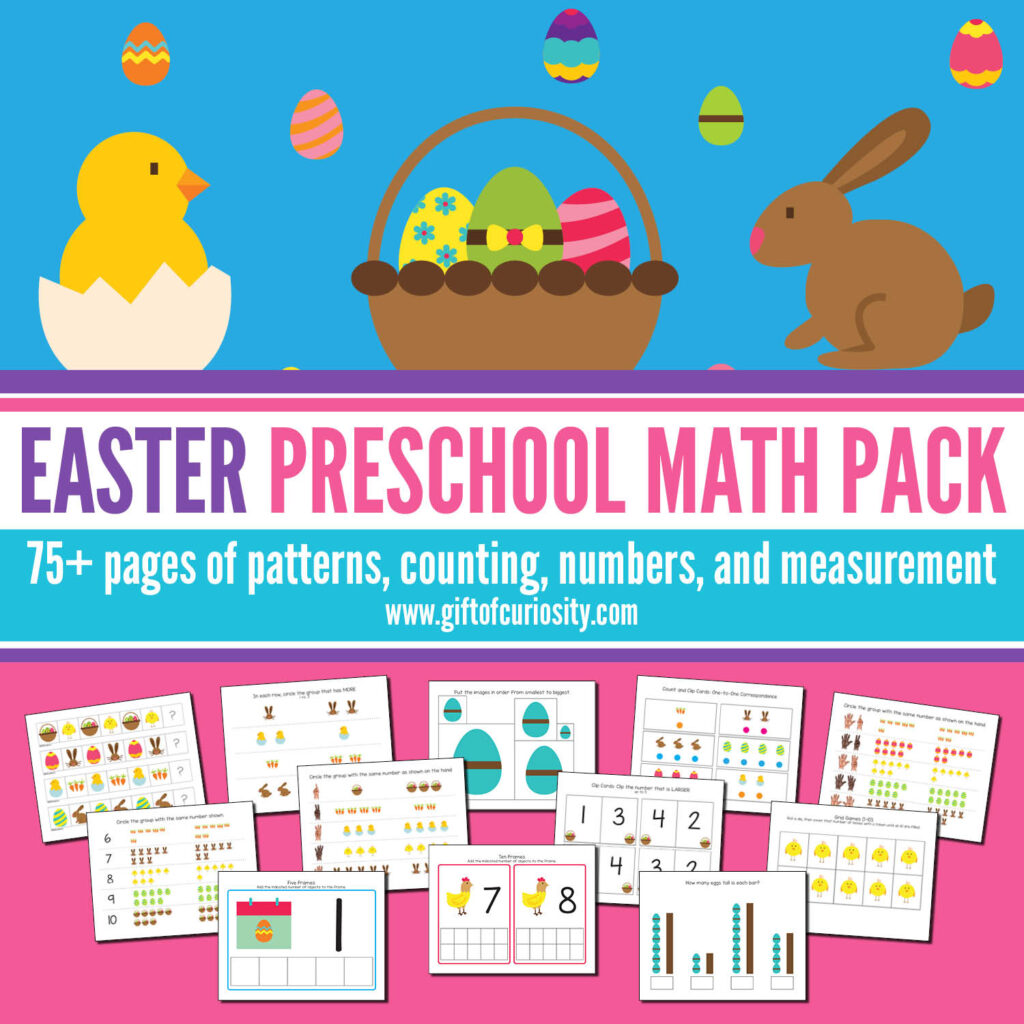 This Easter Preschool Math Pack features more than 75 pages of Easter-themed math activities for children ages 2-5. These developmentally appropriate activities are aligned to preschool learning standards. Grab a copy of these easy print-and-play activities that support the development of a range of early math skills including patterns, numbers, counting, and measurement. #Easter #STEM #printables #giftofcuriosity #preschool #prek #preschoolmath || Gift of Curiosity