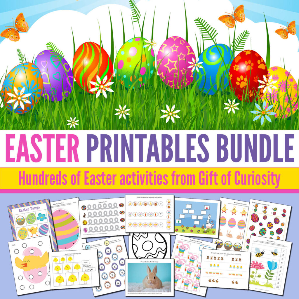 The Easter Printables Bundle features hundreds of pages of printable Easter-themed activities. Ideal for kids ages 2-8. Perfect for Easter learning all spring long! | #Easter #printables #homeschool #toddlers #preschool #kindergarten #firstgrade #secondgrade #giftofcuriosity #ece #earlychildhood || Gift of Curiosity