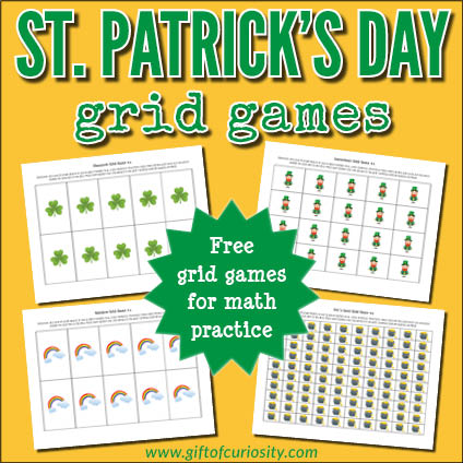 Free printable St. Patrick's Day Grid Games for numbers and counting practice. Five sets of images, each with 10-grid, 20-grid, and 100-grid options. #StPatrick #StPatricksDay #math #numbers #counting #freeprintable #giftofcuriosity || Gift of Curiosity