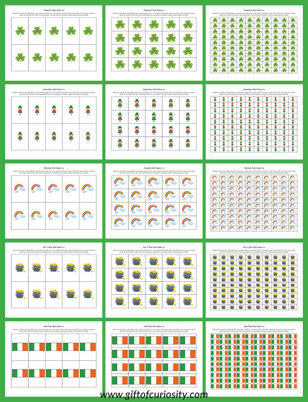 Free printable St. Patrick's Day Grid Games for numbers and counting practice. Five sets of images, each with 10-grid, 20-grid, and 100-grid options. #StPatrick #StPatricksDay #math #numbers #counting #freeprintable #giftofcuriosity || Gift of Curiosity