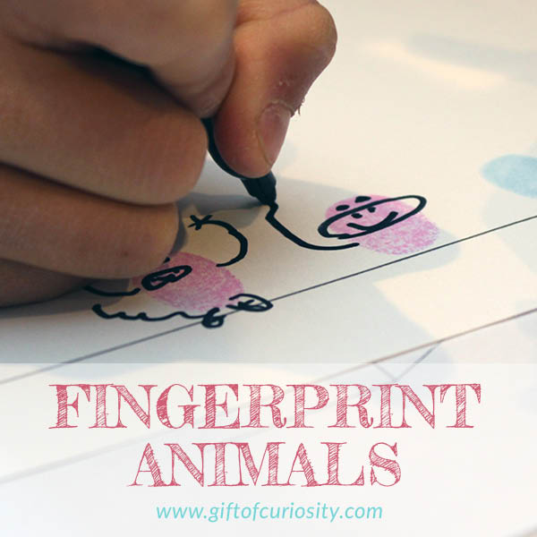 These fingerprint animals are a kid-friendly art project for all ages. Using a stamp pad and some markers, you can create a menagerie of fingerprint animals. #artsandcrafts #giftofcuriosity || Gift of Curiosity