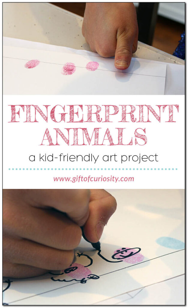 These fingerprint animals are a kid-friendly art project for all ages. Using a stamp pad and some markers, you can create a menagerie of fingerprint animals. #artsandcrafts #giftofcuriosity || Gift of Curiosity