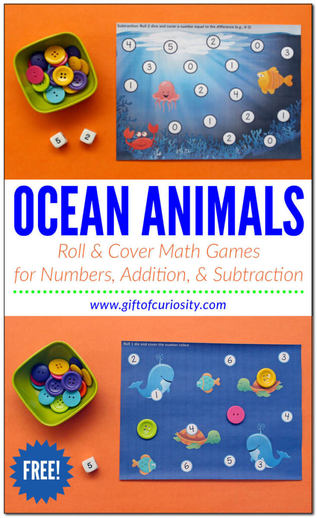 Free printable Ocean Animals Roll & Cover Math Games to practice number recognition, simple addition, and simple subtraction. A fun ocean-themed math activity! #giftofcuriosity #printables #giftofcuriosityprintables #ocean #math #rollandcover || Gift of Curiosity