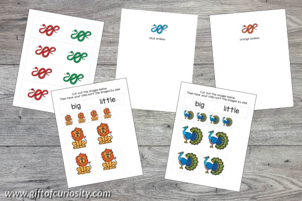 Zoo Animals Toddler Skills Pack - sorting by color and size