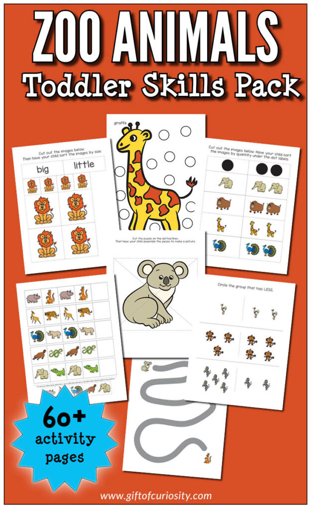 This Zoo Animals Toddler Skills Pack features more than 60 pages of zoo animal-themed activities for children ages 1-3, including do-a-dot activities, coloring pages, puzzles, colors, shapes, fine motor activities, and early math activities. #zoo #zoology #zooanimals #printables #giftofcuriosity #toddlers || Gift of Curiosity