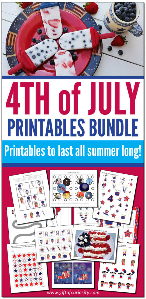 The 4th of July Printables Bundle features 450+ pages of patriotic printable activities. Ideal for kids ages 2-8. Perfect for engaging kids in the weeks leading up to 4th of July!  #4thOfJuly #IndependenceDay #patriotic #giftofcuriosityprintables #giftofcuriosity || Gift of Curiosity