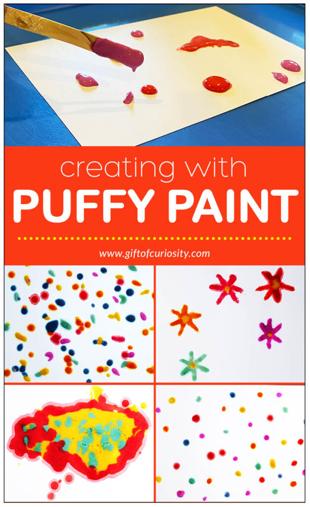 Make your own simple 3-ingredient DIY puffy paint with only flour, baking powder, and salt. My kids loved painting these puffy creations that we "baked" in the microwave. #artsandcrafts #processart #giftofcuriosity || Gift of Curiosity