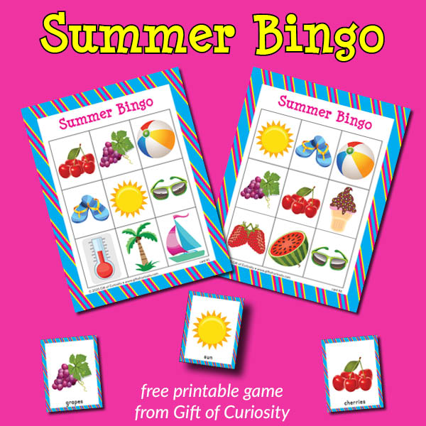 Free Summer Bingo Game. Great fun for small groups and can be used to develop early vocabulary knowledge related to summertime objects. #summer #Bingo #freeprintables #GiftOfCuriosity || Gift of Curiosity