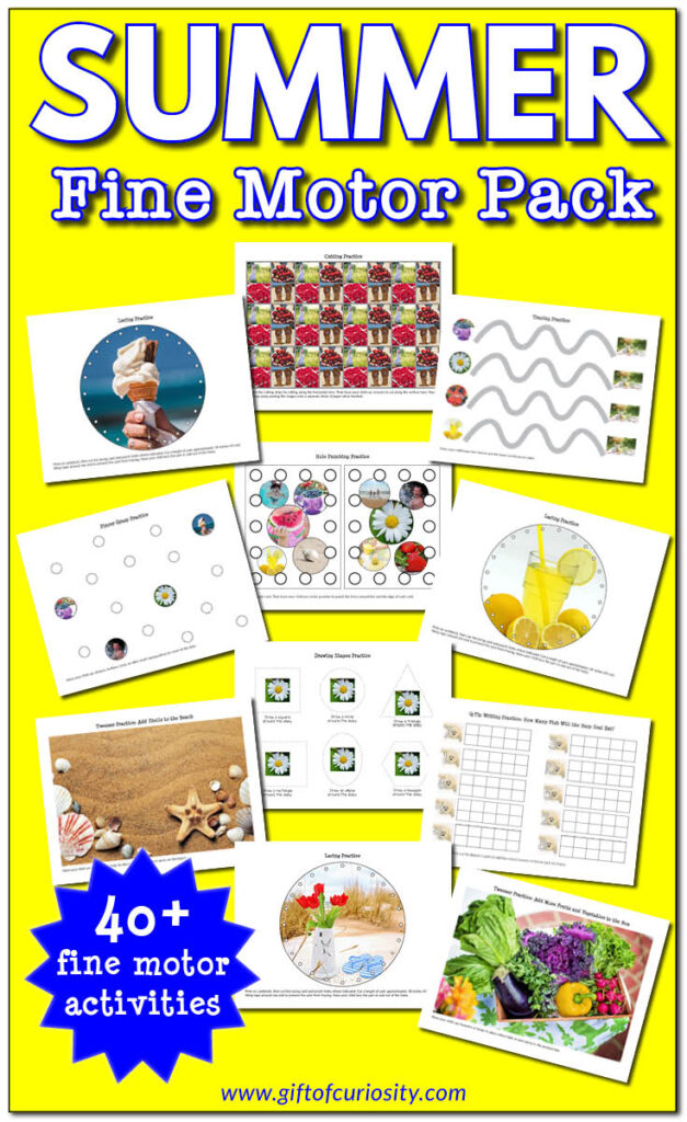 Summer Fine Motor Pack with 40+ fine motor activities: pincer grasp, lacing, tracing, tweezing, drawing shapes, pin punching, hole punching, & cutting | #summer #finemotor #giftofcuriosity #printables || Gift of Curiosity