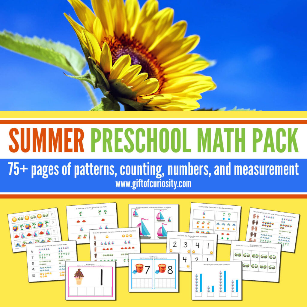 This Summer Preschool Math Pack features more than 75 pages of summer-themed math activities for children ages 2-4. These developmentally appropriate activities are aligned to preschool learning standards. Grab a copy of these easy print-and-play activities that support the development of a range of early math skills including patterns, numbers, counting, and measurement. #Summer #STEM #printables #giftofcuriosity #preschool #prek #preschoolmath || Gift of Curiosity