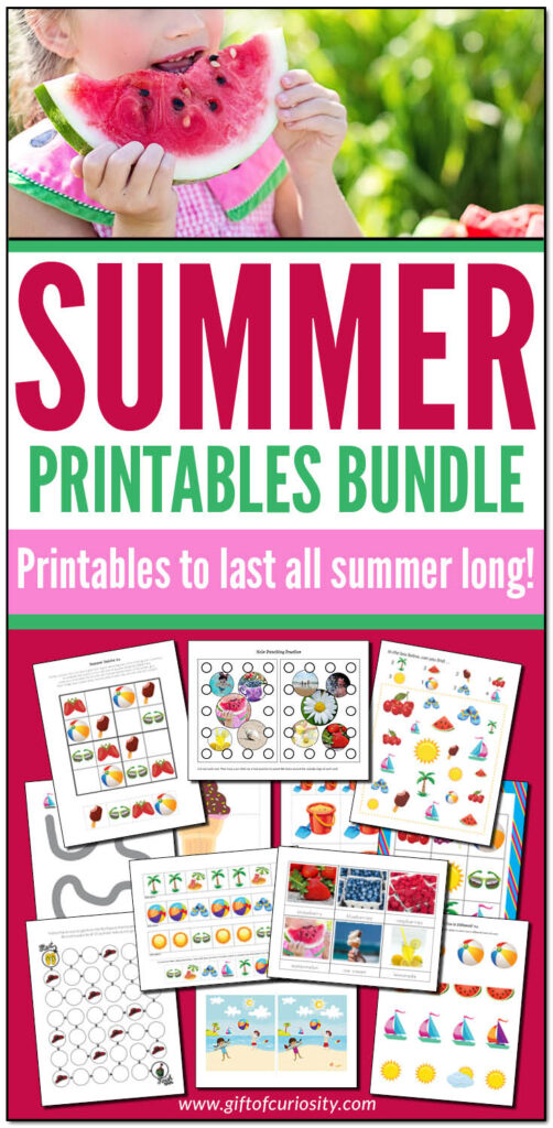 The Summer Printables Bundle from Gift of Curiosity includes more than 400 pages of summer printables for kids ages 2 to 8. This bundle features sunshine, the beach, summer clothing, summer fruits, and a wide variety of printable activities spanning multiple subjects across the curriculum. There's something in this bundle for everyone! #summer #giftofcuriosity #giftofcuriosityprintables #printables || Gift of Curiosity