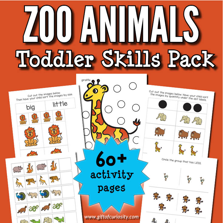 This Zoo Animals Toddler Skills Pack features more than 60 pages of zoo animal-themed activities for children ages 1-3, including do-a-dot activities, coloring pages, puzzles, colors, shapes, fine motor activities, and early math activities. #zoo #zoology #zooanimals #printables #giftofcuriosity #toddlers || Gift of Curiosity