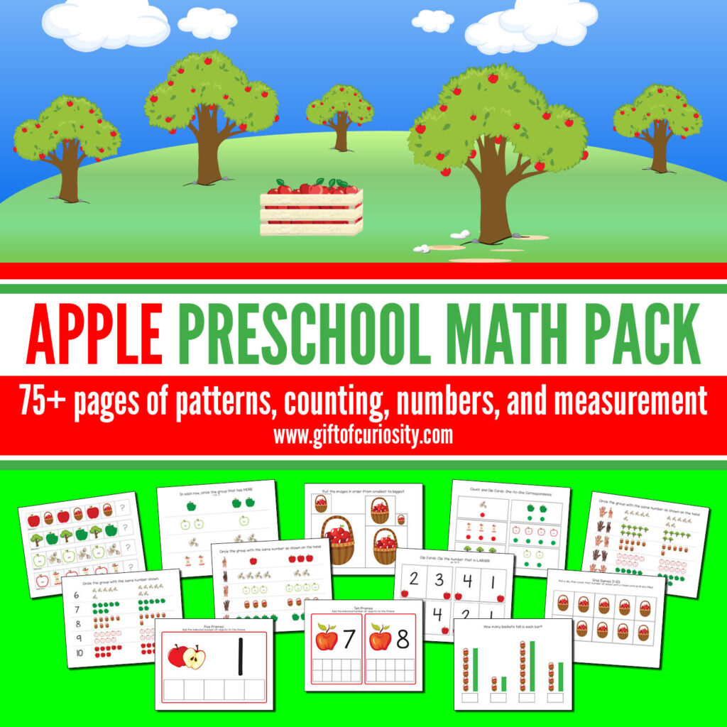 This Apple Preschool Math Pack features more than 75 pages of apple-themed math activities for children ages 2-5. These developmentally appropriate activities are aligned to preschool learning standards. Grab a copy of these easy print-and-play activities that support the development of a range of early math skills including patterns, numbers, counting, and measurement. #apples #fall #STEM #printables #giftofcuriosity #preschool #prek #preschoolmath || Gift of Curiosity