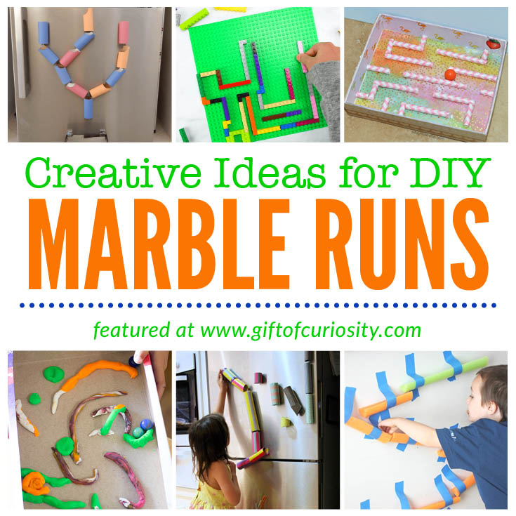 You don't need fancy toys to create a very cool marble run. In this post I've collected more than a dozen creative ideas for making a DIY marble run. Making a marble run provides children with an open-ended challenge requiring creativity, ingenuity, and problem solving skills. Plus, kids can approach the task from whatever developmental level they are at, meaning they work for all ages! #marblerun #engineering #STEAMactivities #STEAMeducation #homeschool #giftofcuriosity || Gift of Curiosity