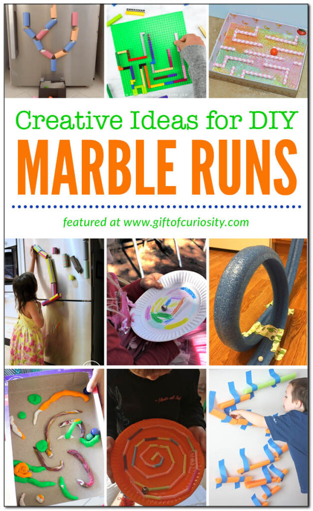 You don't need fancy toys to create a very cool marble run. In this post I've collected more than a dozen creative ideas for making a DIY marble run. Making a marble run provides children with an open-ended challenge requiring creativity, ingenuity, and problem solving skills. Plus, kids can approach the task from whatever developmental level they are at, meaning they work for all ages! #marblerun #engineering #STEAMactivities #STEAMeducation #homeschool #giftofcuriosity || Gift of Curiosity