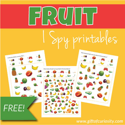 Free printable Fruit I Spy games for children with three levels of difficulty. How many fruits can your child name and find? #freeprintables #summer #ISpy #giftofcuriosity || Gift of Curiosity