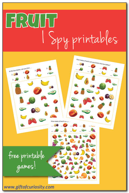 Free printable Fruit I Spy games for children with three levels of difficulty. How many fruits can your child name and find? #freeprintables #summer #ISpy #giftofcuriosity || Gift of Curiosity