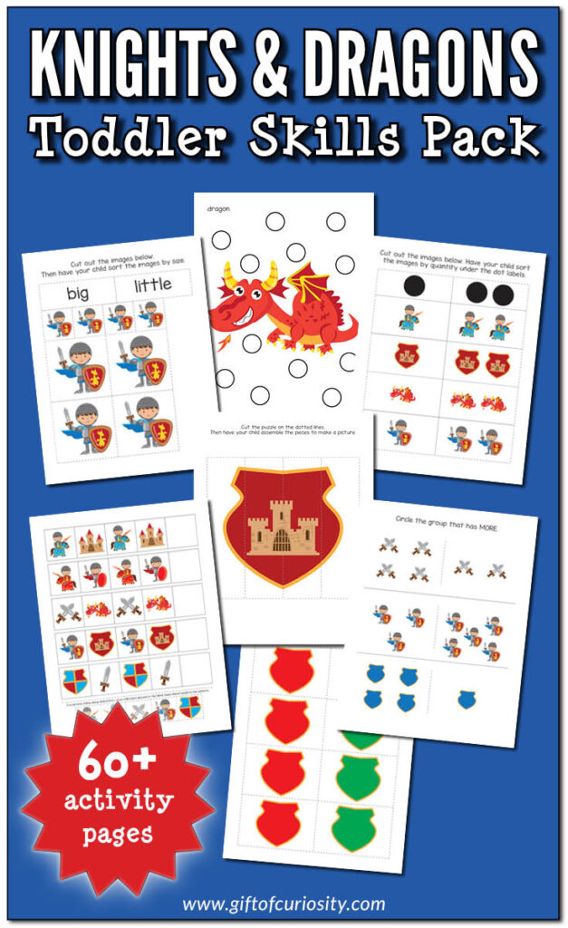 This Knights and Dragons Toddler Skills Pack features more than 60 pages of adventurous activities for children ages 1-3, including do-a-dot activities, coloring pages, puzzles, colors, shapes, fine motor activities, and early math activities. #knights #dragons #medieval #medievaltimes #printables #giftofcuriosityprintables #giftofcuriosity #toddlers || Gift of Curiosity