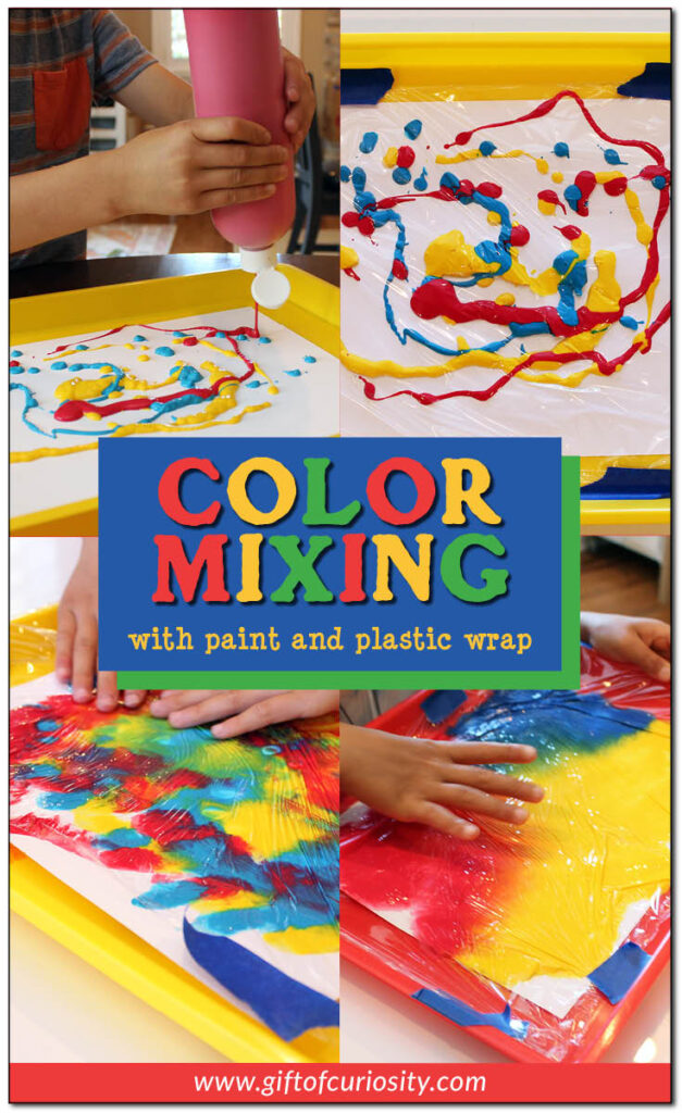 This low-mess color mixing activity uses tempera paints and plastic cling wrap to give kids an opportunity to play with colors! Kids will delight in watching how colors mix to form new colors. Enjoy this fun color science activity where you can play with primary and secondary colors! #colors #colorscience #STEAM #STEM #giftofcuriosity #artsandcrafts || Gift of Curiosity