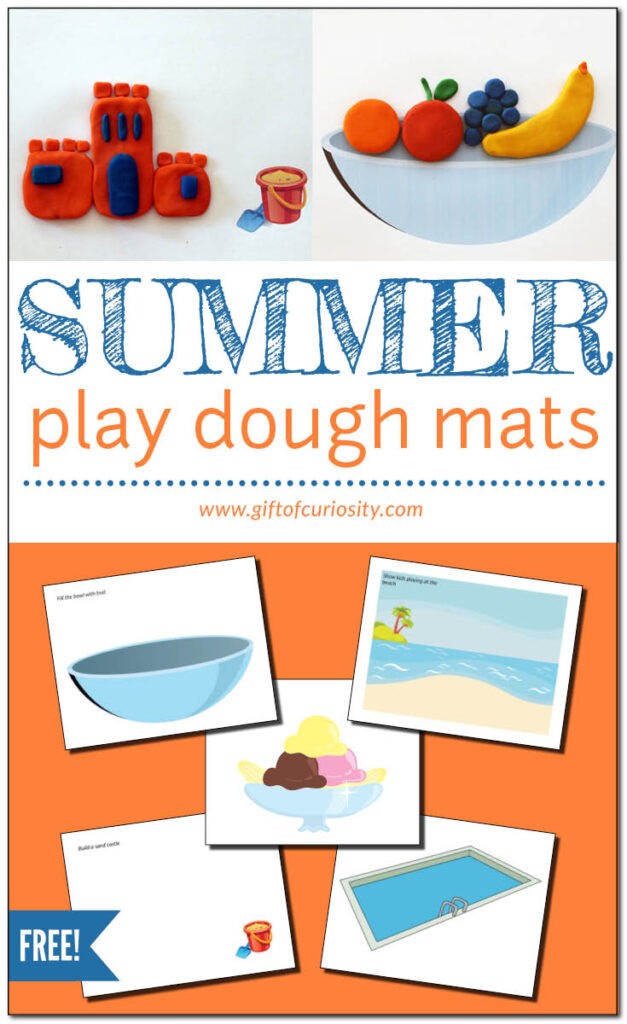Free printable Summer Play Dough Mats for summer fun! This activity develops fine motor skills and promotes sensory play. Great for young kids! #summer #playdough #sensoryplay #finemotor #finemotorskills #giftofcuriosity #giftofcuriosityprintables #freeprintable || Gift of Curiosity