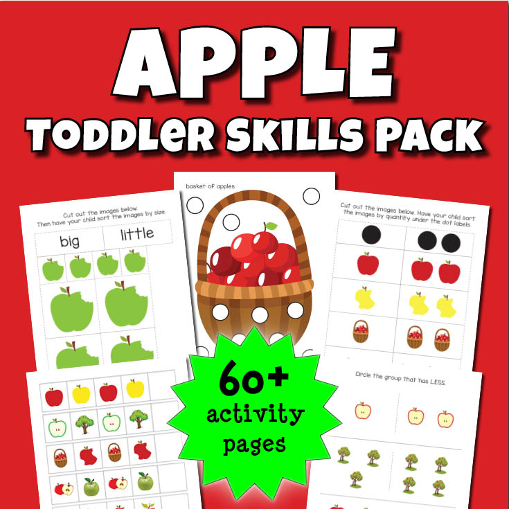 This Apple Toddler Skills Pack features more than 60 pages of apple-themed activities for children ages 1-3, including do-a-dot activities, coloring pages, puzzles, colors, shapes, fine motor activities, and early math activities. #apples #fall #printables #giftofcuriosity #toddlers || Gift of Curiosity