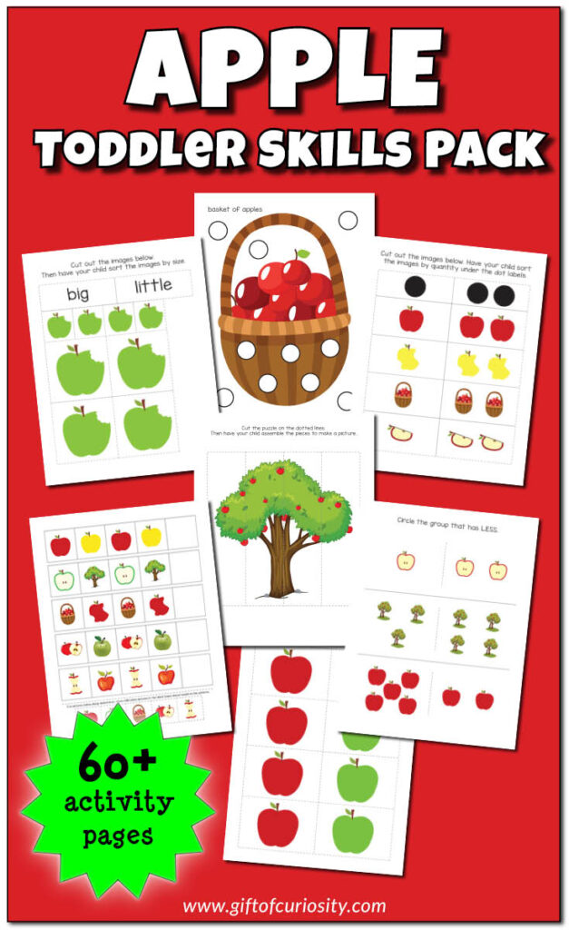 This Apple Toddler Skills Pack features more than 60 pages of apple-themed activities for children ages 1-3, including do-a-dot activities, coloring pages, puzzles, colors, shapes, fine motor activities, and early math activities. #apples #fall #printables #giftofcuriosity #toddlers || Gift of Curiosity
