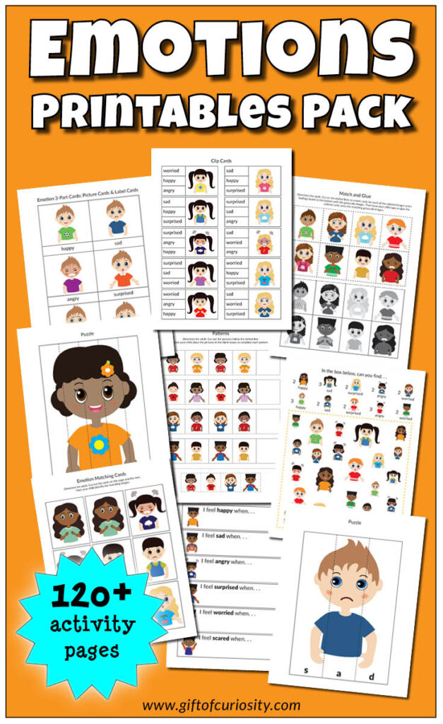 This Emotions Printables Pack features more than 120 pages of activities focused on feelings and emotions for children in preschool and kindergarten. There are activities to identify emotions, match emotions, and sort emotions. The pack also includes emotion-themed puzzles, I Spy activities, pattern activities, graphing activities and more! #emotions #feelings #prek #preschool #kindergarten #giftofcuriosity #giftofcuriosityprintables || Gift of Curiosity