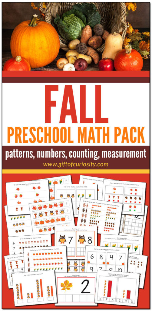This Fall Preschool Math Pack features more than 75 pages of autumn-themed math activities for children ages 2-5. These developmentally appropriate activities are aligned to preschool learning standards. Grab a copy of these easy print-and-play activities that support the development of a range of early math skills including patterns, numbers, counting, and measurement. #autumn #fall #STEM #printables #giftofcuriosity #preschool #prek #preschoolmath || Gift of Curiosity