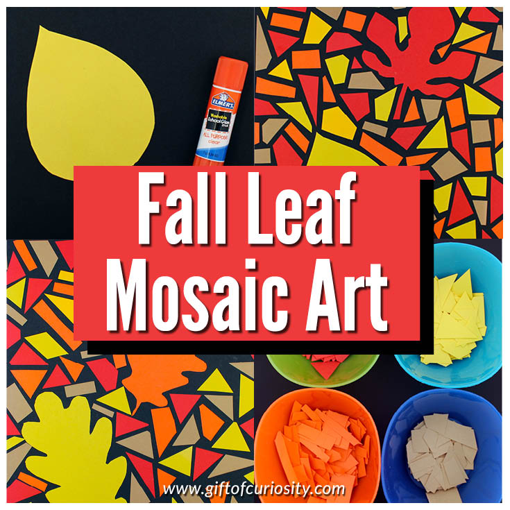 Learn how to create this beautiful fall leaf mosaic art by swapping tiles for colored paper. This is a wonderful and authentic fine motor activity as well as a fantastic fall art project. #fall #autumn #artsandcrafts #fallleaves #leaves #giftofcuriosity || Gift of Curiosity
