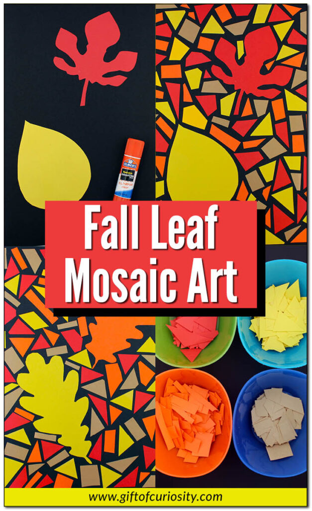 Learn how to create this beautiful fall leaf mosaic art by swapping tiles for colored paper. This is a wonderful and authentic fine motor activity as well as a fantastic fall art project. #fall #autumn #artsandcrafts #fallleaves #leaves #giftofcuriosity || Gift of Curiosity