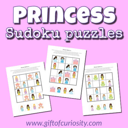 Free printable Princess Sudoku puzzles for kids. These kid-friendly puzzles use pictures instead of numbers to give young children a fun cognitive challenge. #princess #princesses #freeprintable #sudoku #giftofcuriosity || Gift of Curiosity