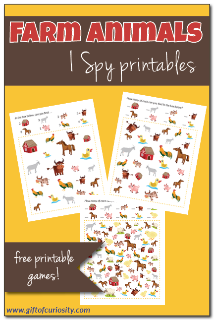 Free printable Farm Animals I Spy games for children with three levels of difficulty. How many cows, horses, pigs, and sheep can your child find? #freeprintables #farmanimals #ISpy #giftofcuriosity || Gift of Curiosity