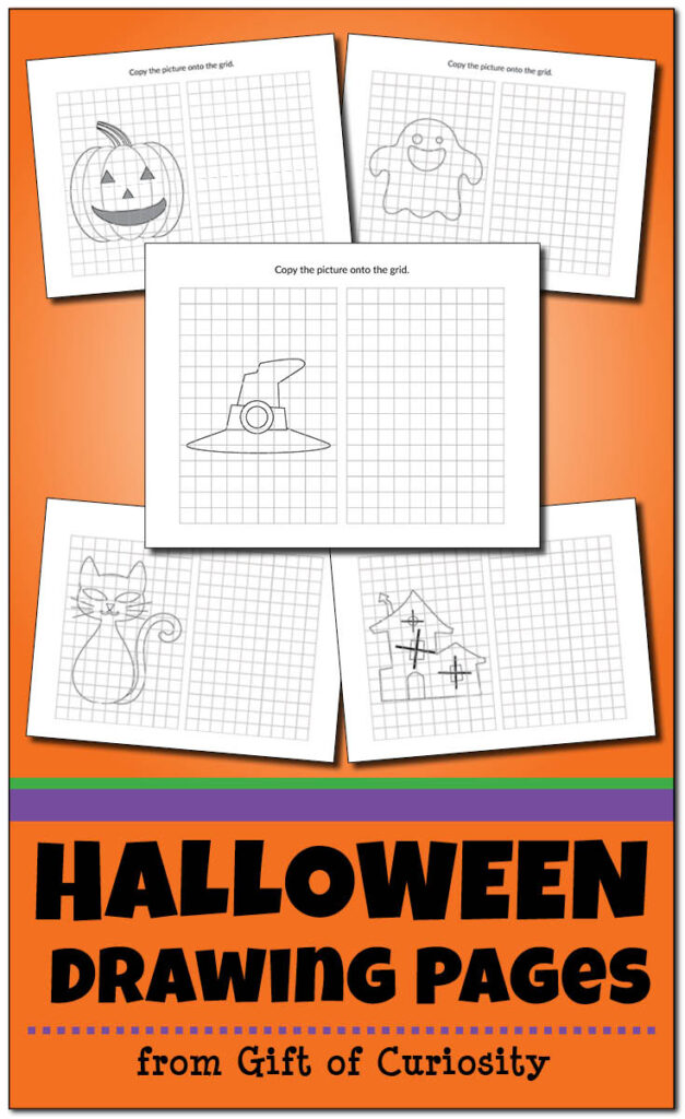 These Halloween Drawing Pages blend art (drawing) and math (finding coordinates on a grid) for a great Halloween STEAM activity. Each page includes a Halloween image imposed on a grid on the left side, and a blank grid for your child to draw a copy of the image on the right side. | #Halloween #STEAM #printables #giftofcuriosity || Gift of Curiosity