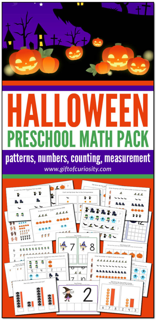This Halloween Preschool Math Pack features more than 75 pages of Halloween-themed math activities for children ages 2-5. These developmentally appropriate activities are aligned to preschool learning standards. Grab a copy of these easy print-and-play activities that support the development of a range of early math skills including patterns, numbers, counting, and measurement. #Halloween #STEM #printables #giftofcuriosity #preschool #prek #preschoolmath || Gift of Curiosity